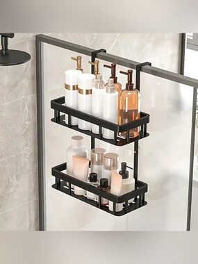 Over Door Shower Caddy, Black Rustproof Bathroom Organizer, 2-Tier Storage Rack